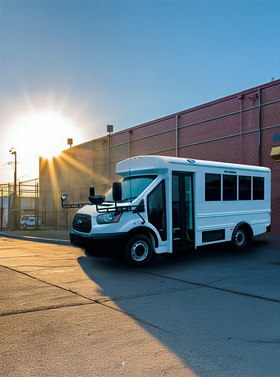 White shuttle bus parked next to a prison near Portland